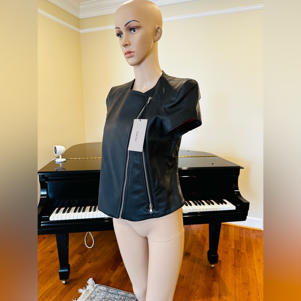 NWT RARE Minimalist Luxury Zara Short Sleeve Pebbled Faux Leather Moto Jacket - Picture 9 of 17